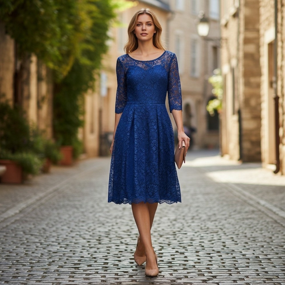 Betsey Johnson Lace Fit & Flare Mini Dress Royal Blue 3/4 Sleeve Floral Party 6
